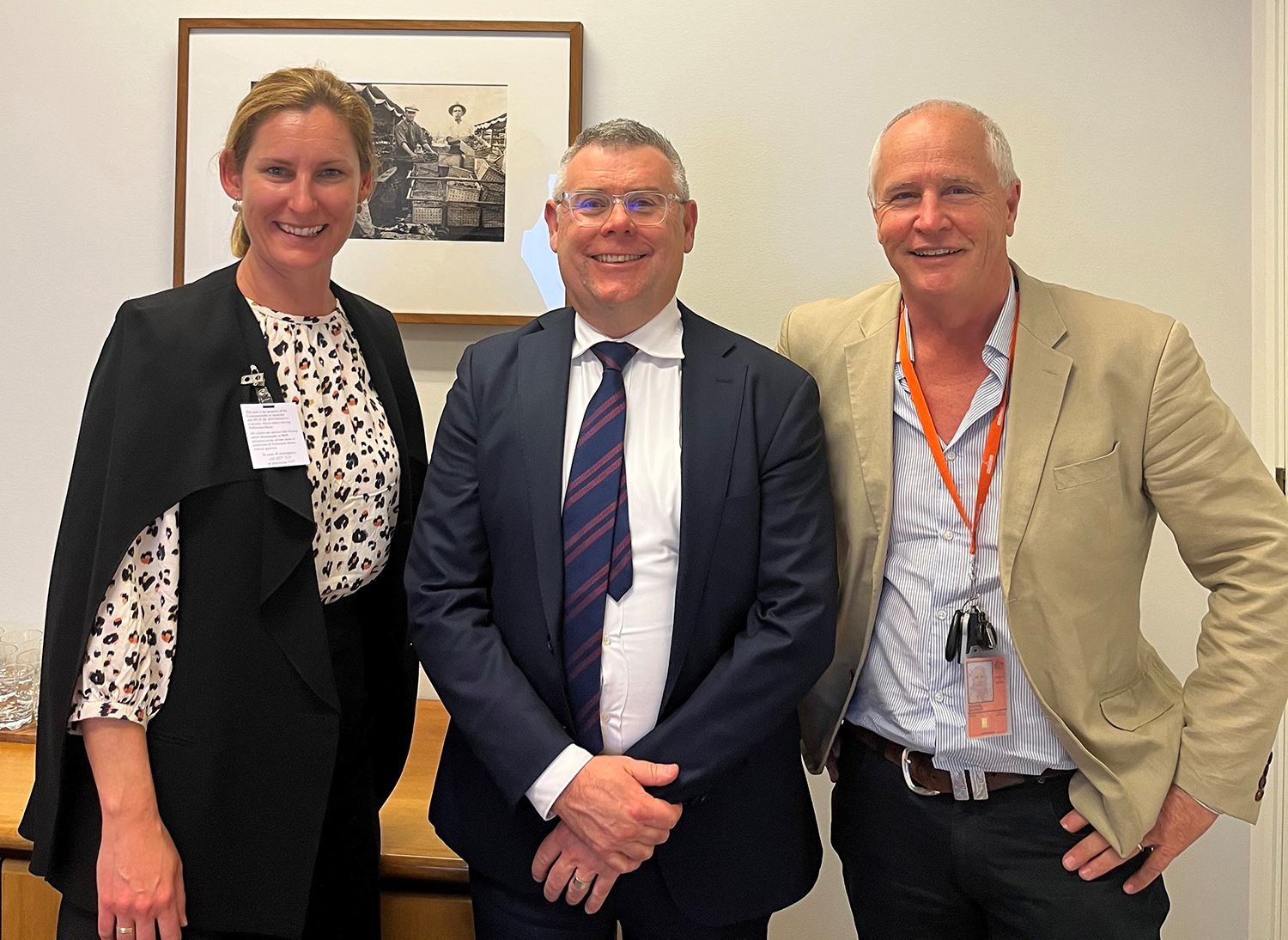 National Irrigators Council CEO Zara Lowien, Minister Watt with Michael Murray