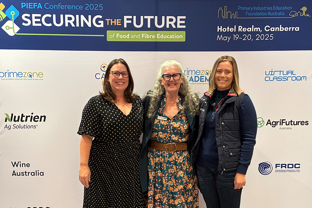 Jenny Hughes, Education Manager with the two the early-career agriculture teachers Cotton Australia's sponsored to attend the conference: Sarah Adamson from St Brigid’s Catholic College in Lake Munmorah and Georgia Bennetts from Coolah Central School