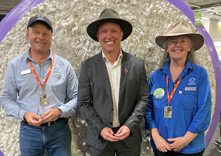 Cotton Australia’s Regional Manager for the Darling Downs, Howard Coggan with Queensland Premier Steven Miles and CA Education Manager Jenny Hughes