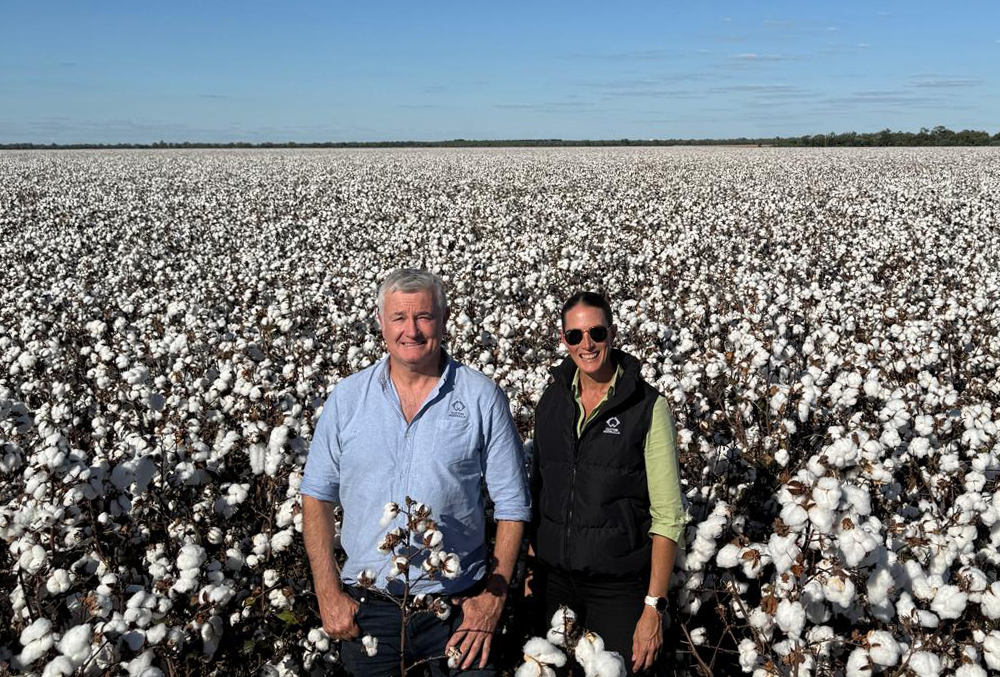 Adam Kay and Cotton Australia’s Regional Manager for the Central Highlands, Robyn Lehmann on Ross Burnett's farm