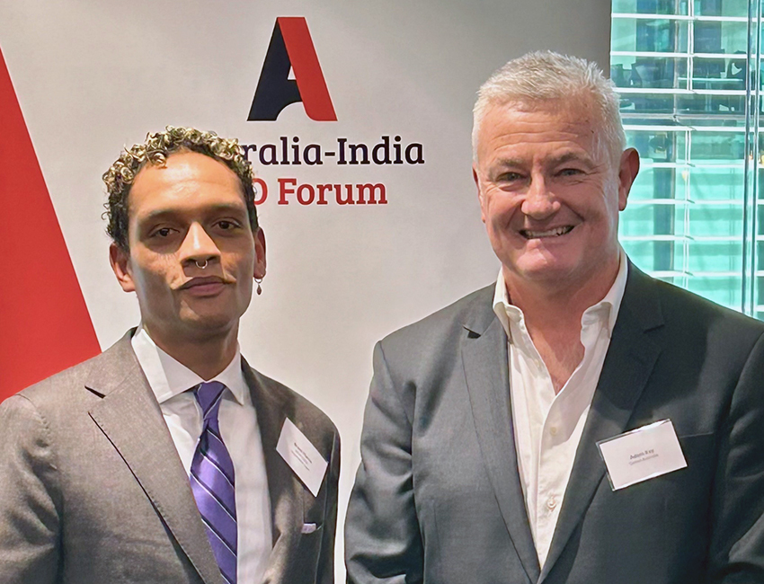 Brent Martin, Policy Lead, DFAT with Adam Kay, Cotton Australia CEO at the Australia India CEO Forum in Sydney after discussions on the economic roadmap for India