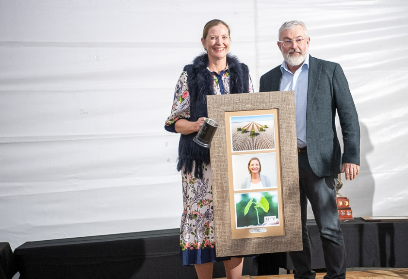 Cate Wild, winner of the 24/25 Macintyre Valley Service to Industry Award, being presented by Macintyre Valley CGA Chair Brendan Griffiths.