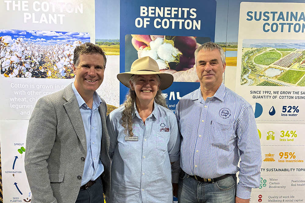 Justin Clancy Member for Albury (centre) with Jenny Hughes and Greg Bramley CottonInfo at the Cotton Australia stand.