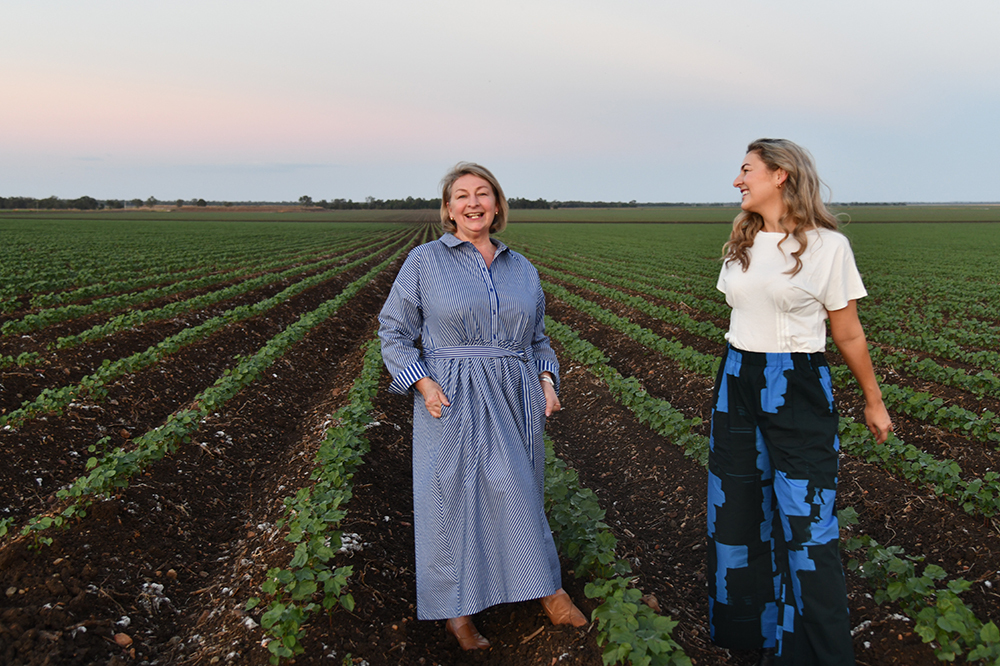 Central Queensland growers Alex Doyle and Catherine Galea in ELK the Label's Australian cotton collection.