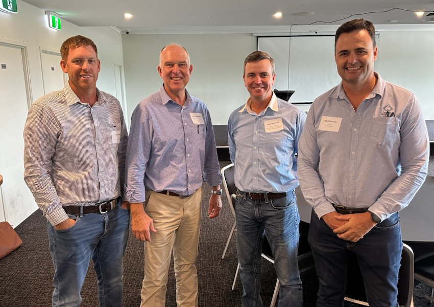 Emerald cotton grower and Queensland Farmers Federation President Aaron Kiely; Queensland Minister for Primary Industries Tony Perrett; Member for Gregory and Assistant Minister for Primary Industry Development, Water and Western Queensland Sean Dillon; and Cotton Australia Chari Nigel Burnett.