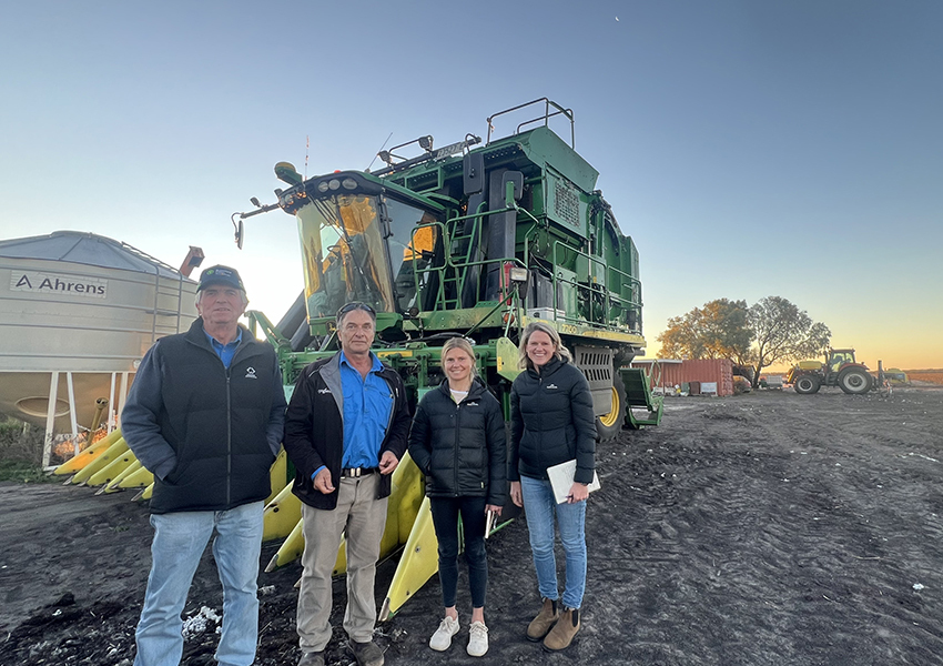 Getting briefed on how traceability starts with the John Deere Picker. From left: Cotton Australia's Alec McIntosh, dryland cotton grower Rob Eveleigh,