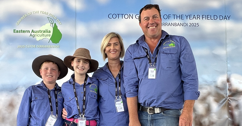 The 2024 Bayer Cotton Grower of the Year winner Scott Balsillie with his wife Shonel and their children..