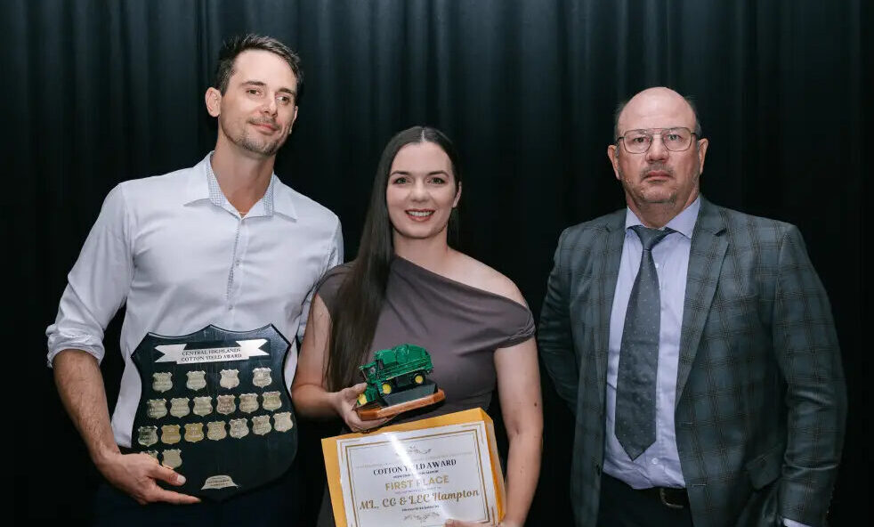 Luke and Sally Hampton from Elkview, Emerald with Maritz Do Plessis, CGS. Picture by Bella Hanson.
