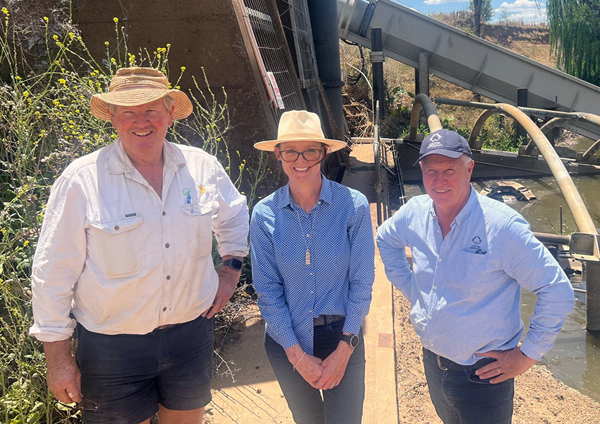 Grower Tony Quigley, with Steph and Michael Michael inspecting the fish screens on the Trangie Nevertire scheme pump site at Gin Gin