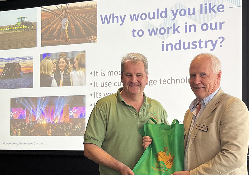 Grow Abroad conference convenor Will Taunton-Burnet, thanks Cotton Australia General Manager Michael Murray after he presented at the Grow Abroad Conference held in Brisbane this week