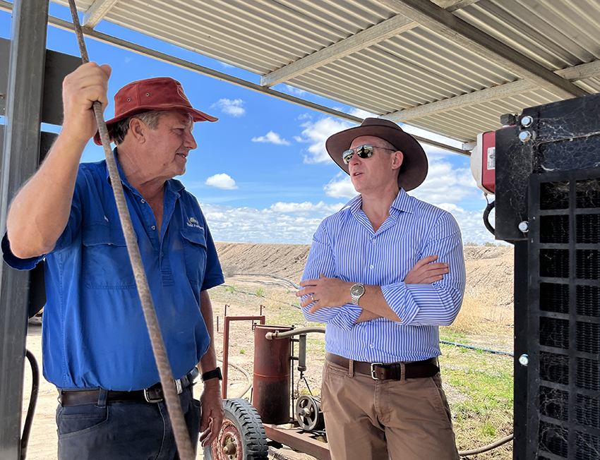Pump photo – St George cotton grower Ian Todd showing the Minister one of his pumps sites that has been converted from electricity to diesel.