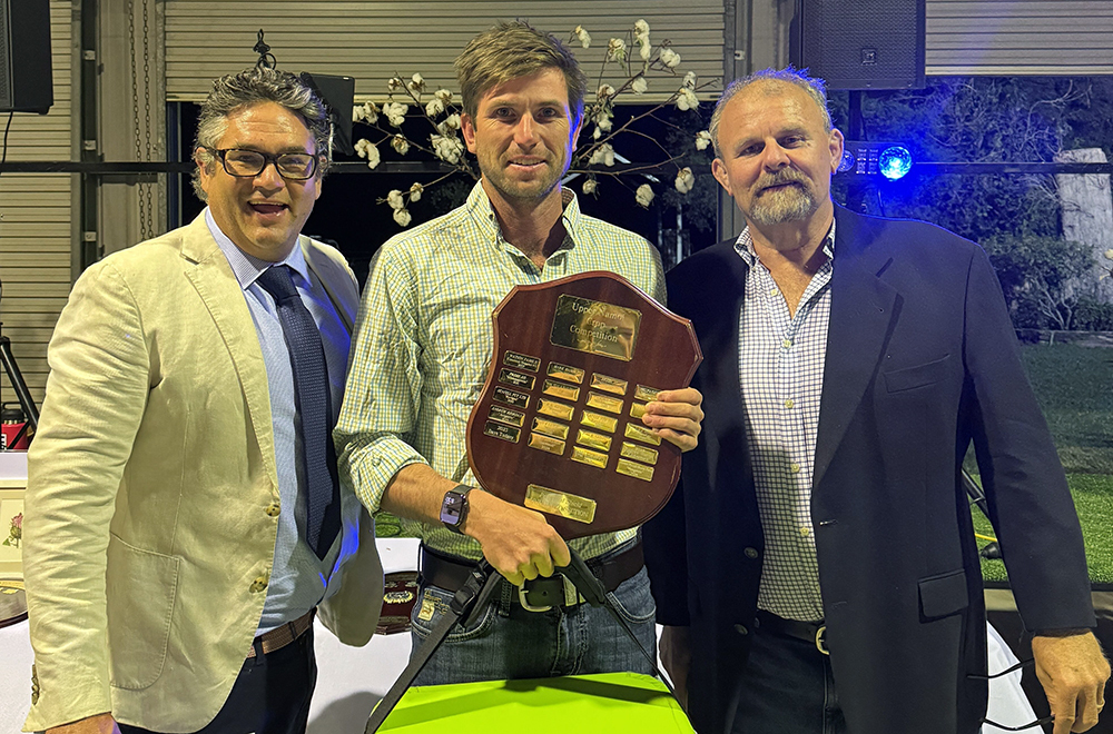 2026 Irrigation Cotton Crop winner Josh Carter (centre) with Upper Namoi CGA President James Barlow and CottonInfo's Bob Ford.