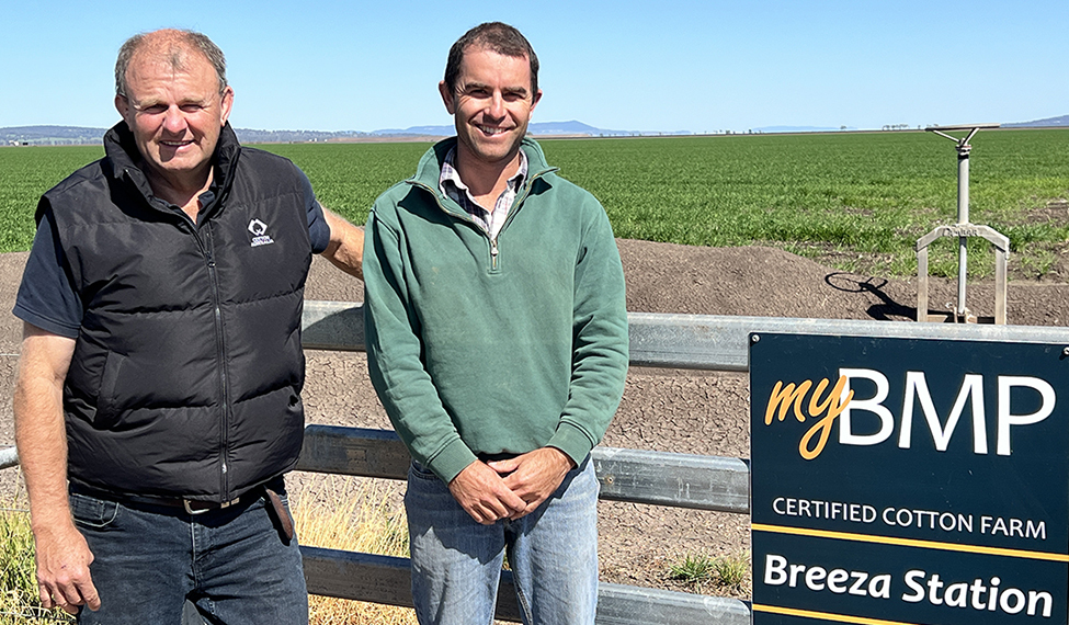 James Pursehouse from Breeza on the Liverpool Plains (With Cotton Australia Regional Manager Bob Ford, left) has had good winter rain, and he says conditions are shaping up well for a healthy cotton crop.