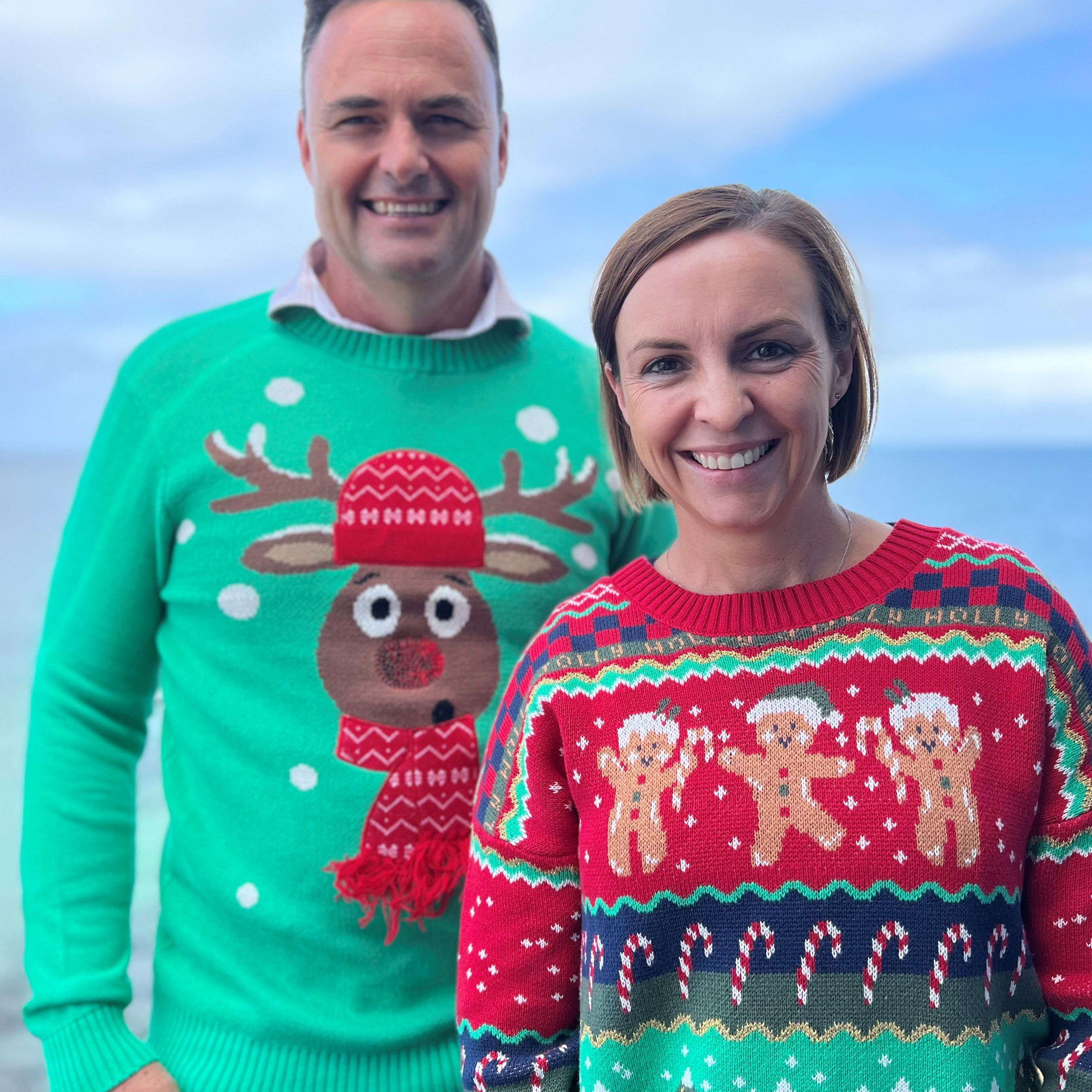 Cotton Australia Chair Nigel Burnett and Deputy Chair Liz Stott who are both wearing Australian cotton Christmas jumpers from Target.