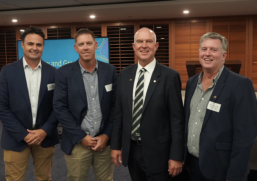 Nigel Burnett, QFF President Aaron Keily, Minister Perrett and Shane McCarthy President of Agforce at the Sow and Grow Innovation event.